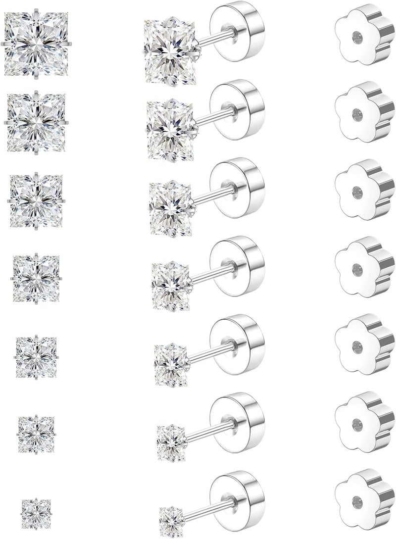 davka 7 Pairs 20G Flat Back Stud Earrings for Women Men Hypoallergenic 14K Gold Plated Surgical Steel Stack Cartilage Earrings for Multiple Piercing Sensitive Ears Bonus Plum Blossom FlatBack Studs CZ 2-8mm - Image 1